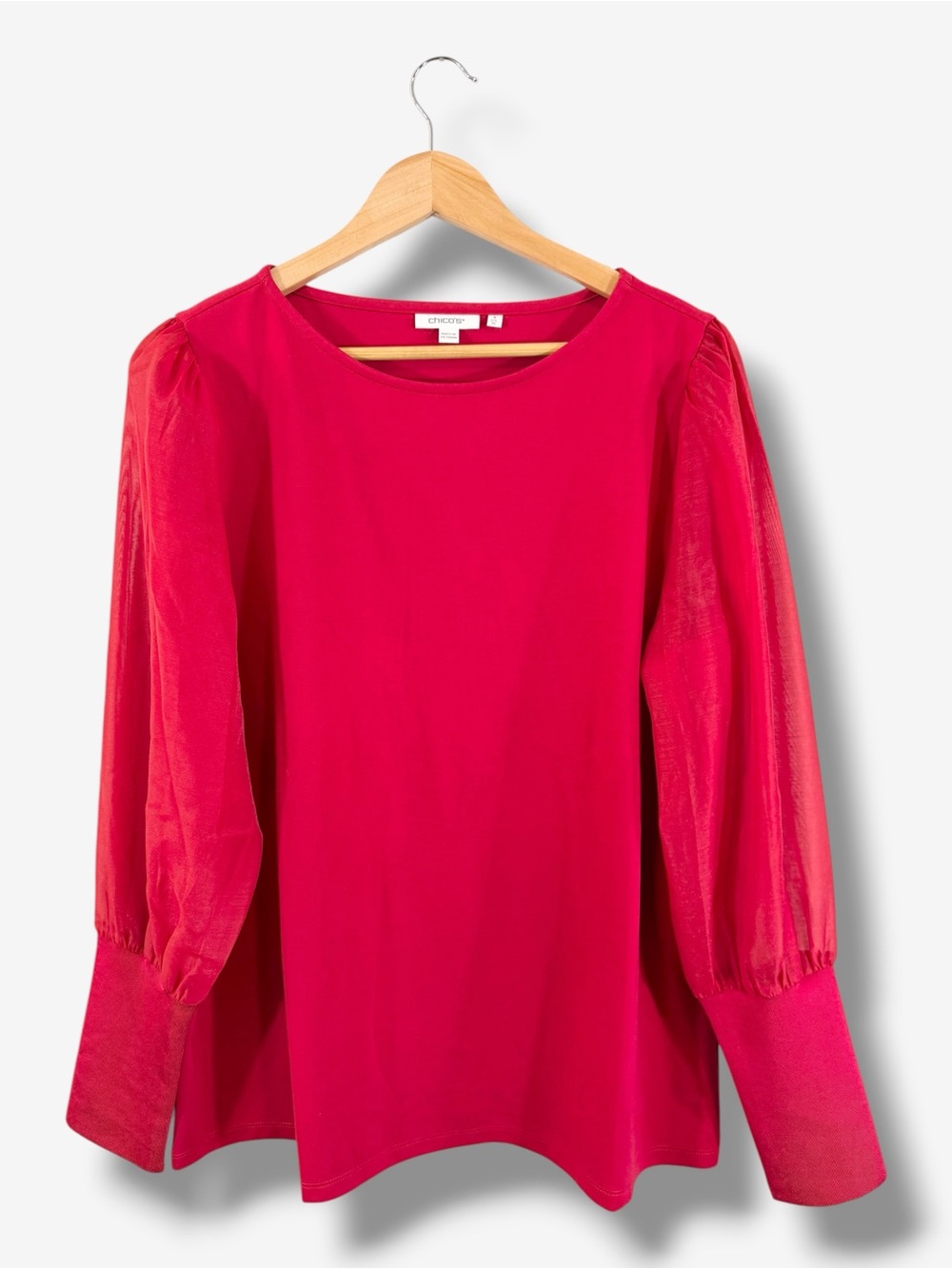 Chico’s Red Knit Top Size 3 (US XL/16) Long Sheer Sleeve Evening Office Casual